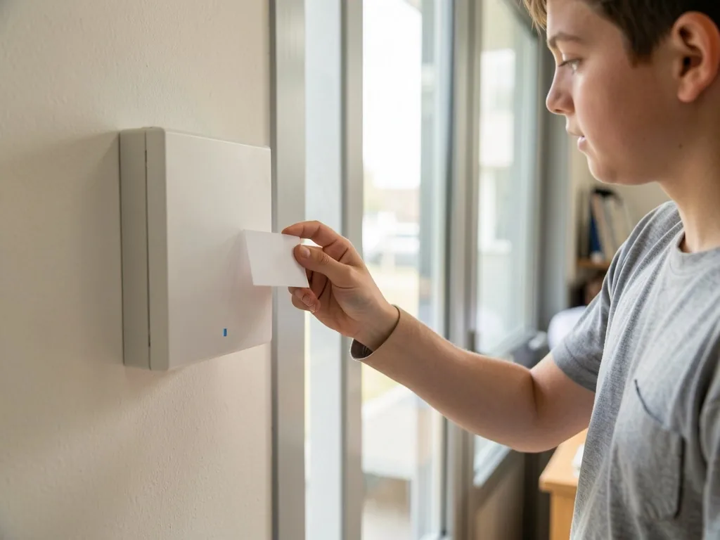 Student přikládá kartu k čtečce u vchodu do učebny